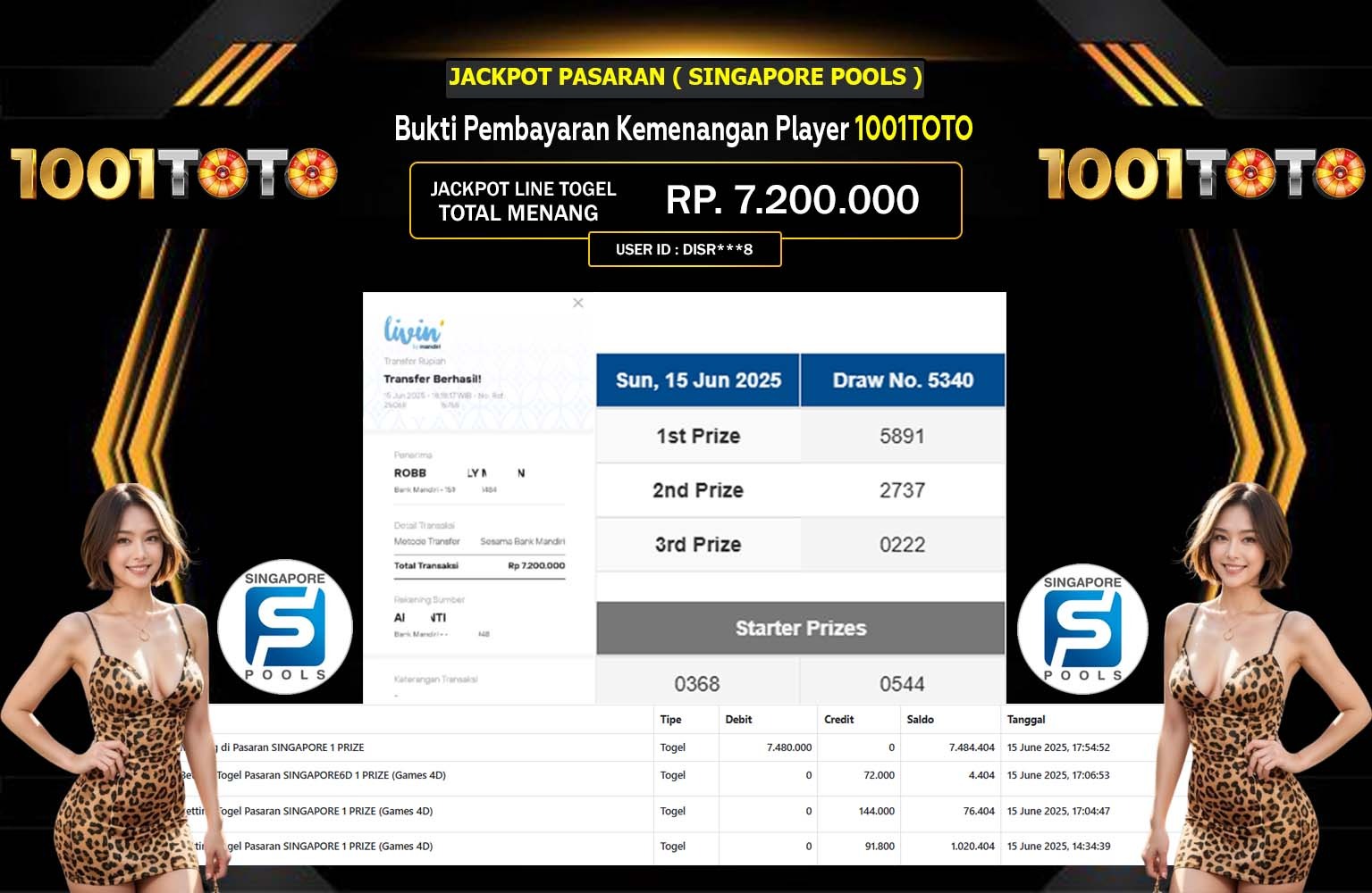 1001TOTO JACKPOT PASARAN SINGAPORE POOLS Rp.7.200.000,- LUNAS