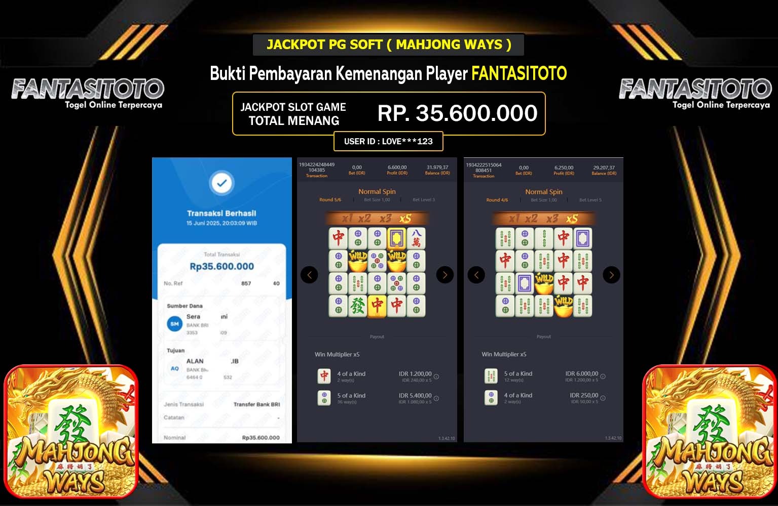 FANTASITOTO JACKPOT PG SOFT MAHJONG WAYS Rp.35.600.000,- LUNAS