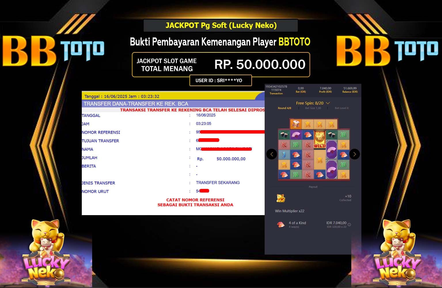 BBTOTO JACKPOT Pg Soft (Lucky Neko) Rp.50.000.000,- LUNAS