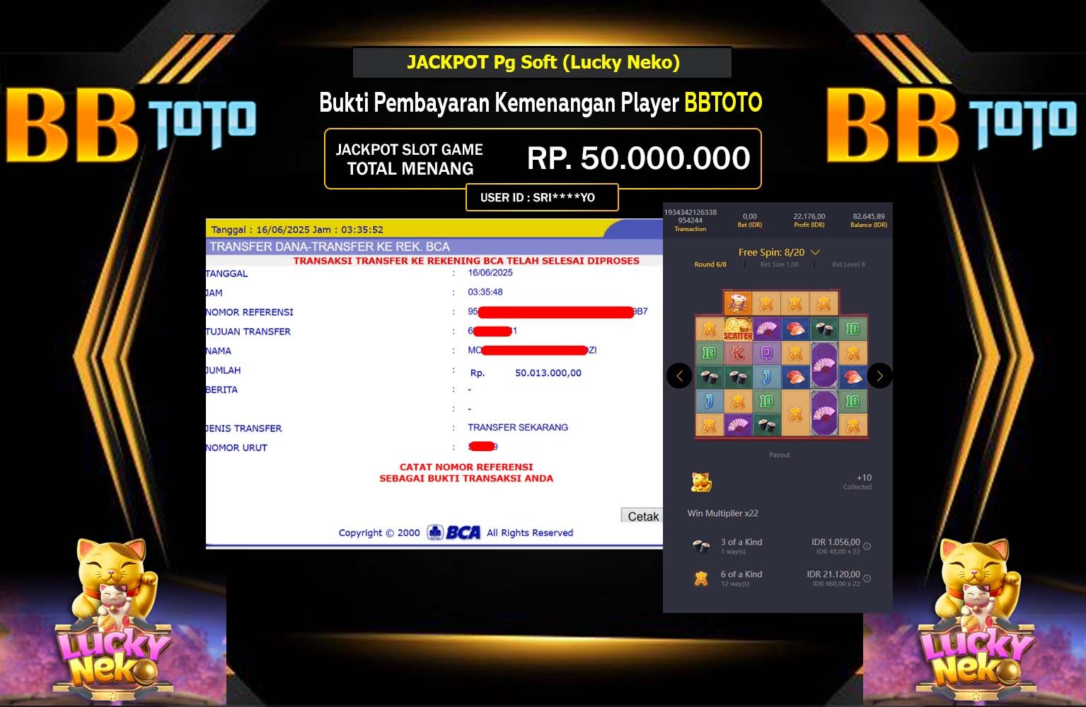 BBTOTO JACKPOT Pg Soft (Lucky Neko) Rp.50.013.000,- LUNAS