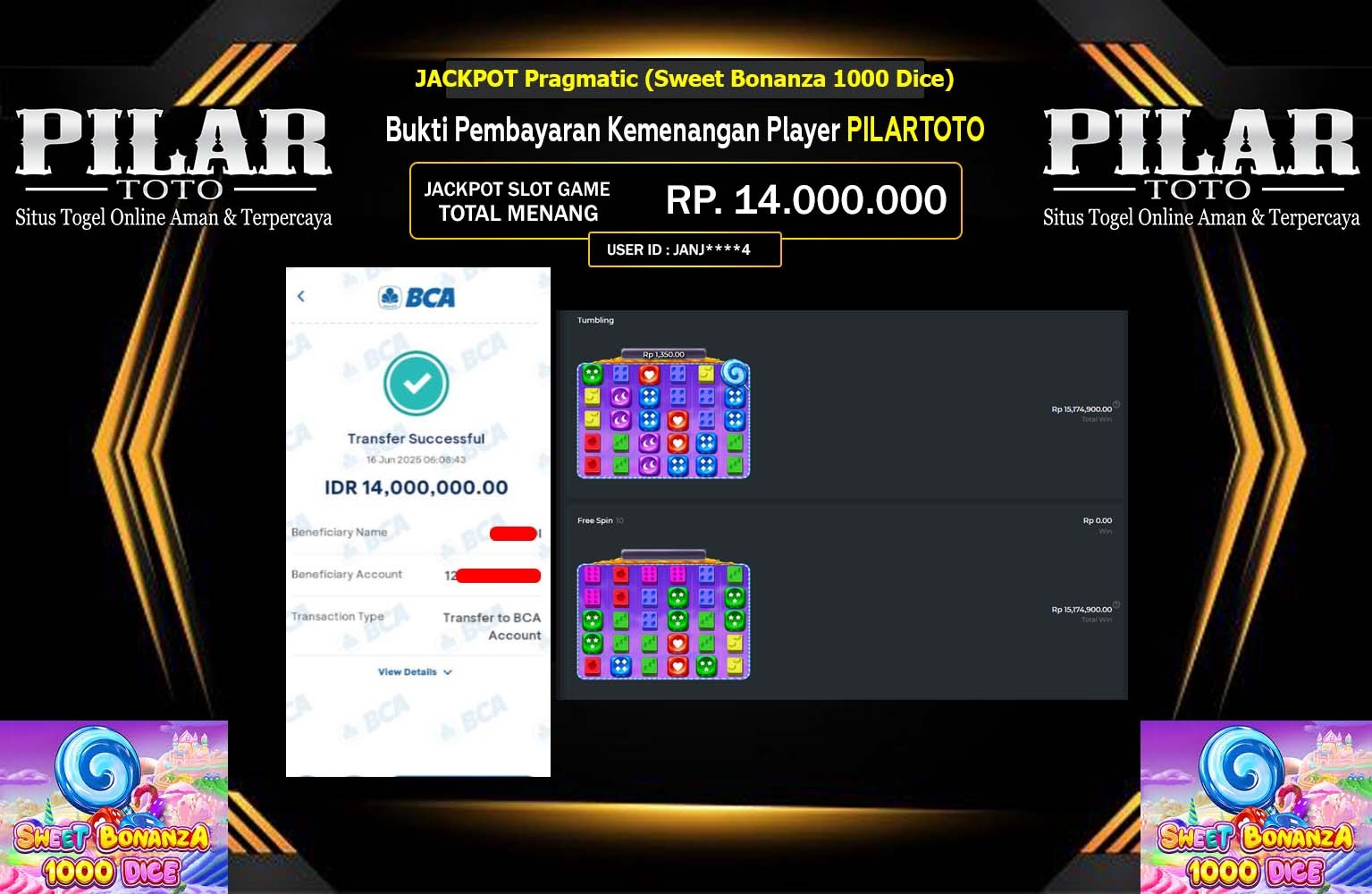 PILARTOTO JACKPOT Pragmatic (Sweet Bonanza 1000 Dice) Rp.14.000.000,- LUNAS