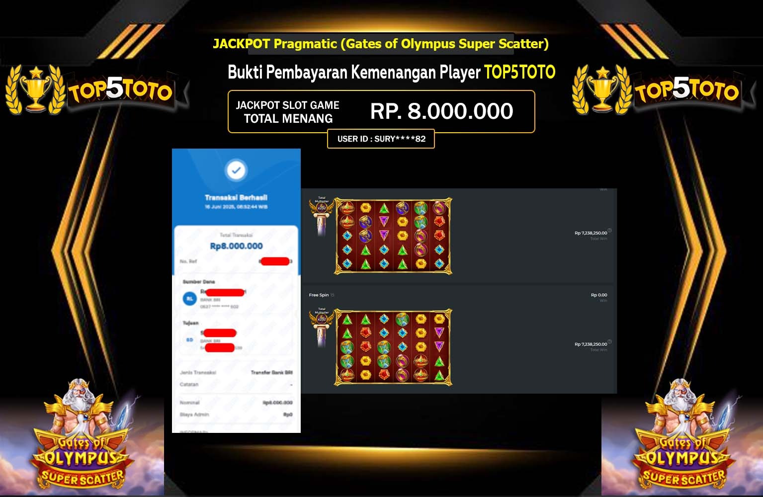 TOP5TOTO JACKPOT Pragmatic (Gates of Olympus Super Scatter) Rp.8.000.000,- LUNAS