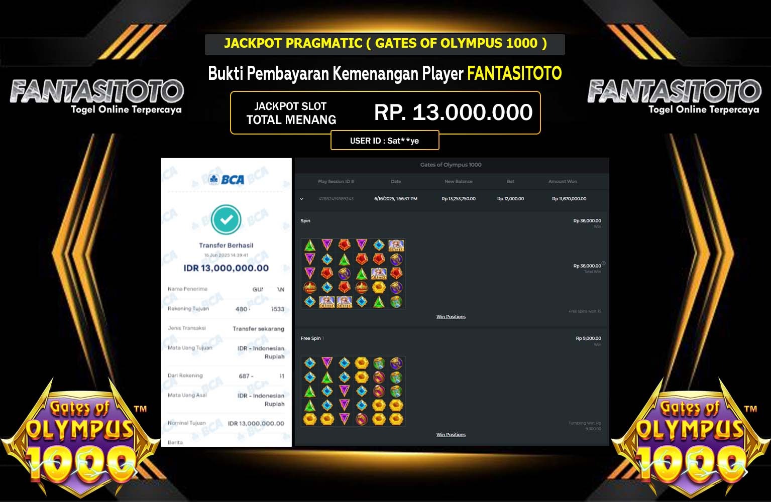 FANTASITOTO JACKPOT PRAGMATIC GATES OF OLYMPUS 1000 Rp.13.000.000,- LUNAS
