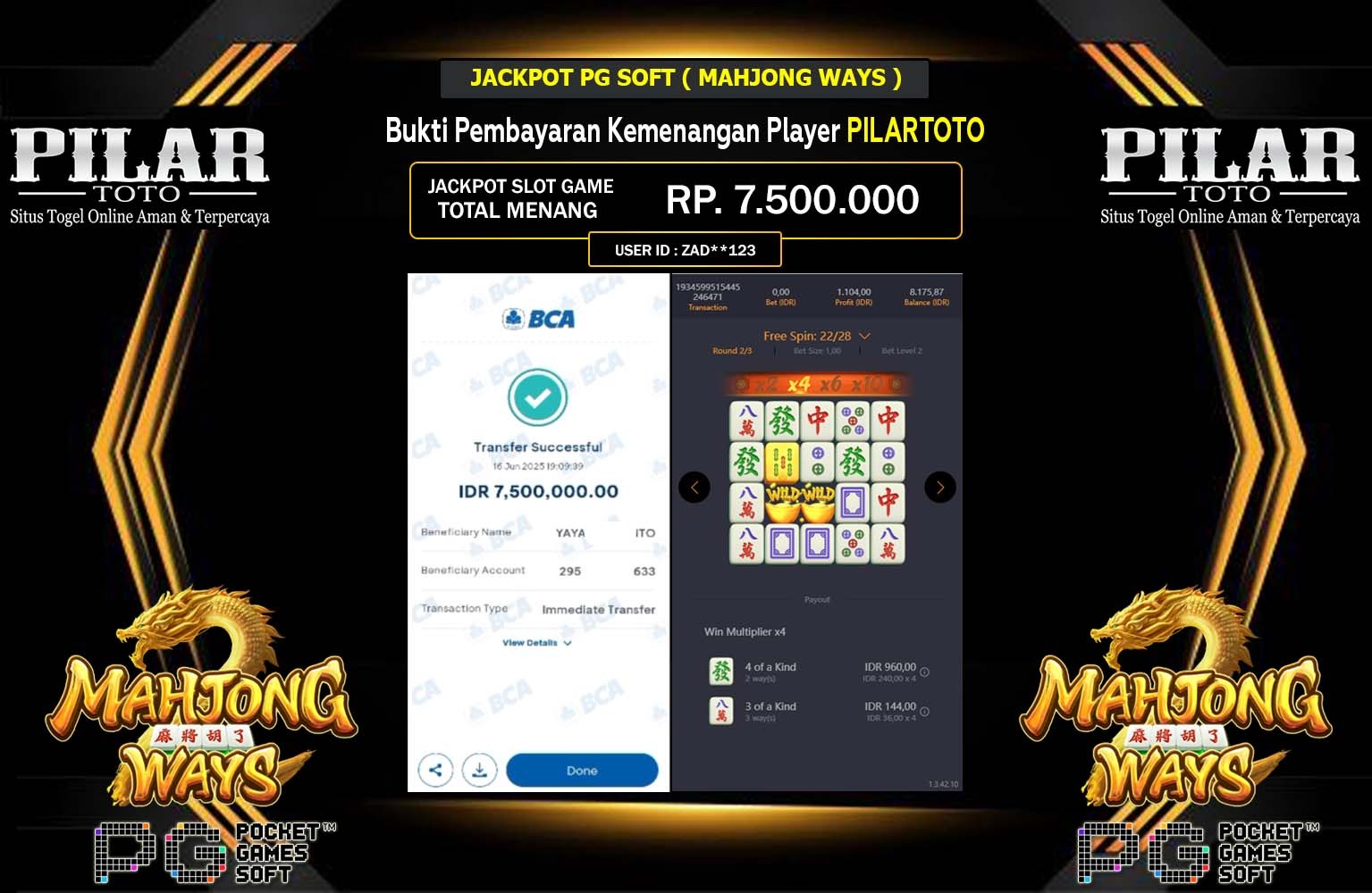 PILARTOTO JACKPOT PG SOFT MAHJONG WAYS Rp.7.500.000,- LUNAS