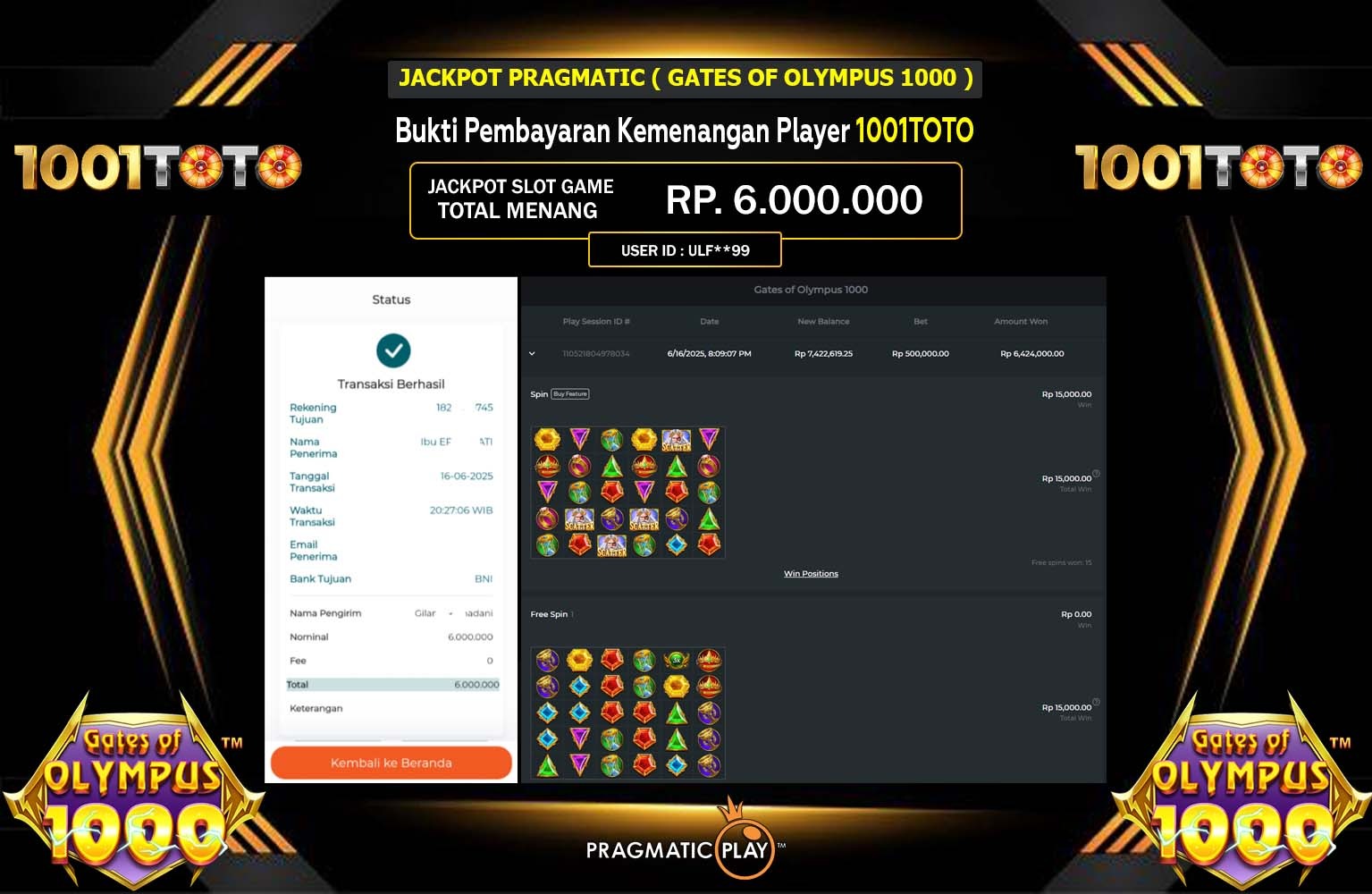 1001TOTO JACKPOT PRAGMATIC GATES OF OLYMPUS 1000 Rp.6.000.000,- LUNAS