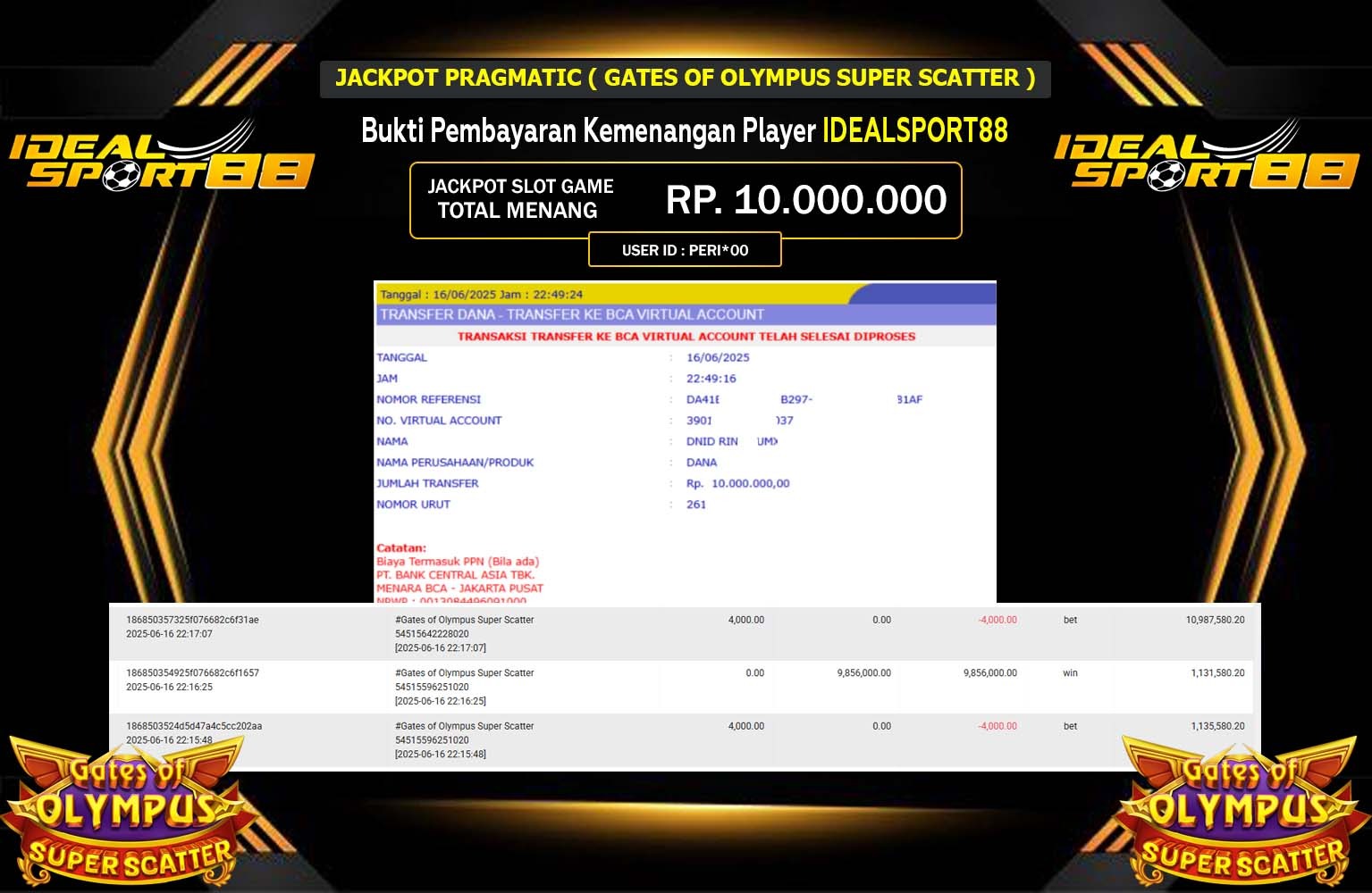 IDEALSPORT88 JACKPOT Pragmatic (Gates of Olympus Super Scatter) Rp.10.000.000,- LUNAS