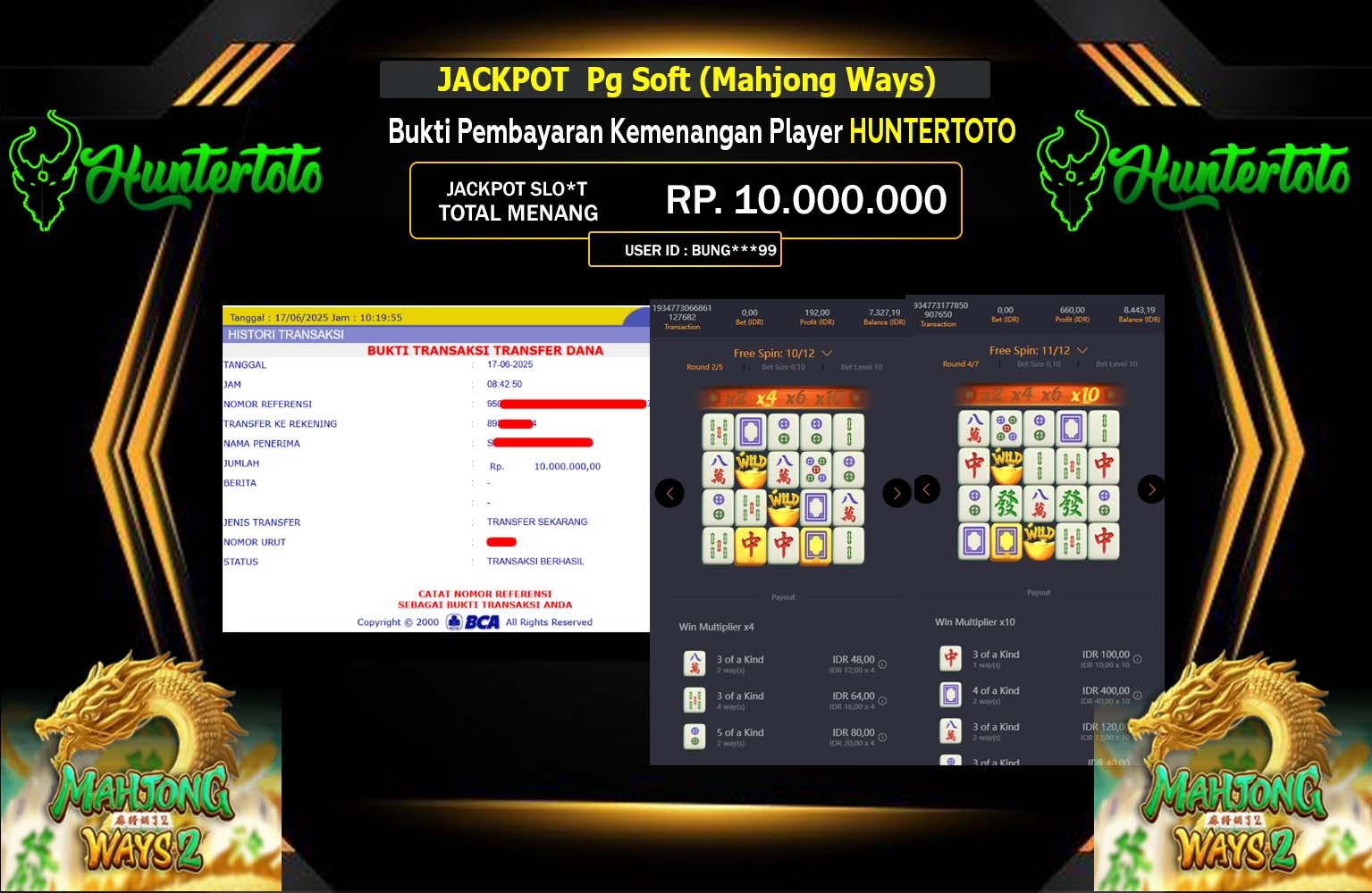 HUNTERTOTO JACKPOT PG SOFT MAHJONG WAYS Rp.10.000.000,- LUNAS