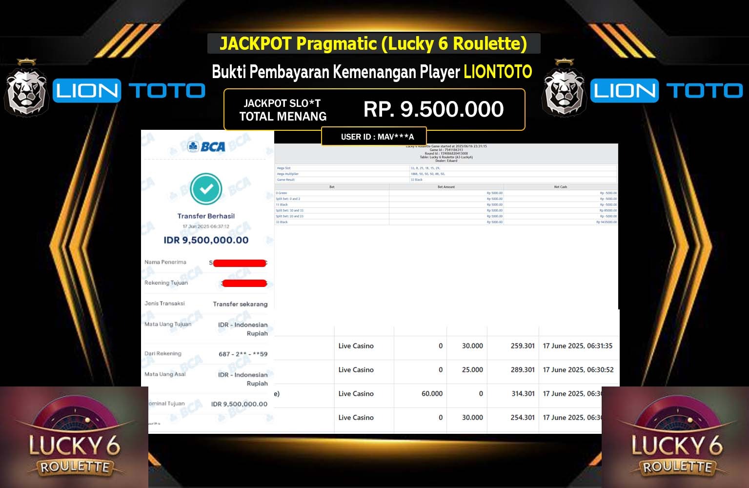 LIONTOTO JACKPOT  Pragmatic (Lucky 6 Roulette)  2 Rp.9.500.000,- LUNAS