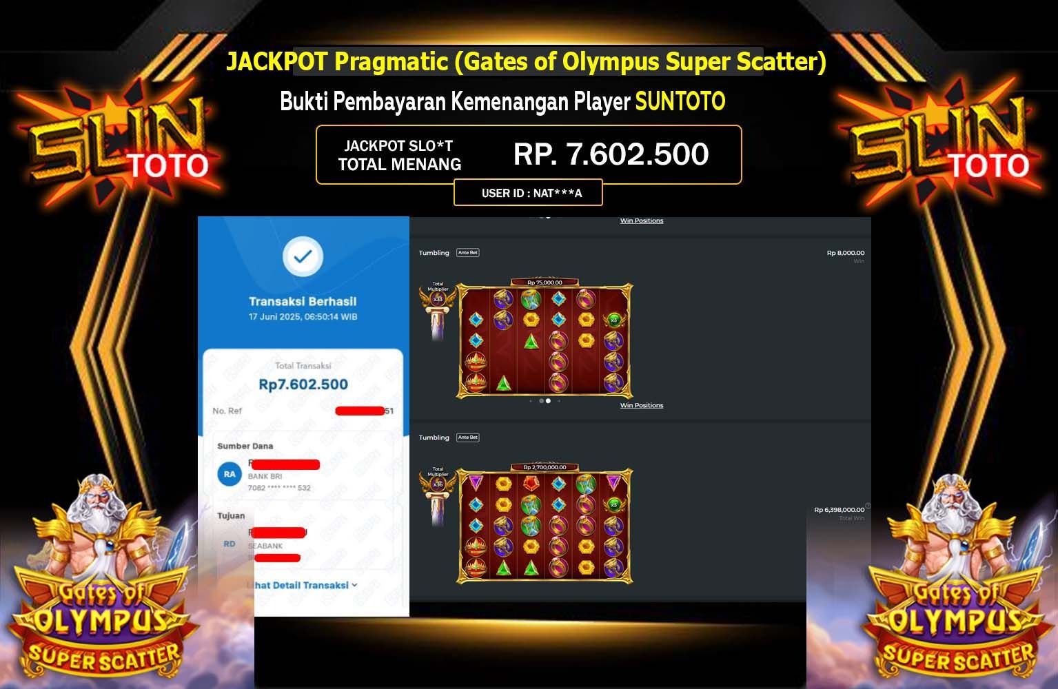 SUNTOTO JACKPOT Pragmatic (Gates of Olympus Super Scatter) Rp.7.602.500,- LUNAS