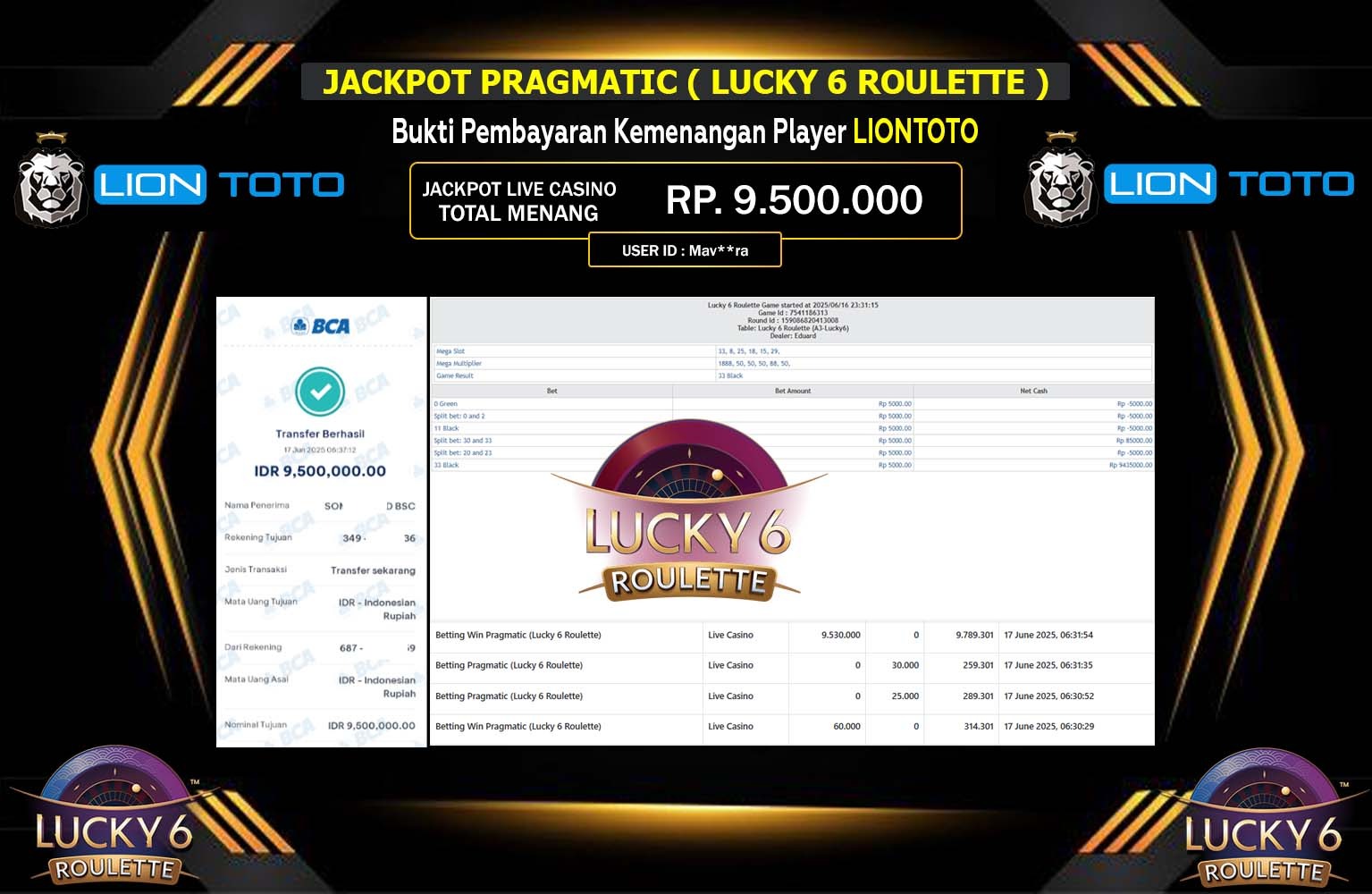 LIONTOTO JACKPOT PRAGMATIC LUCKY 6 ROULETTE Rp.9.500.000,- LUNAS