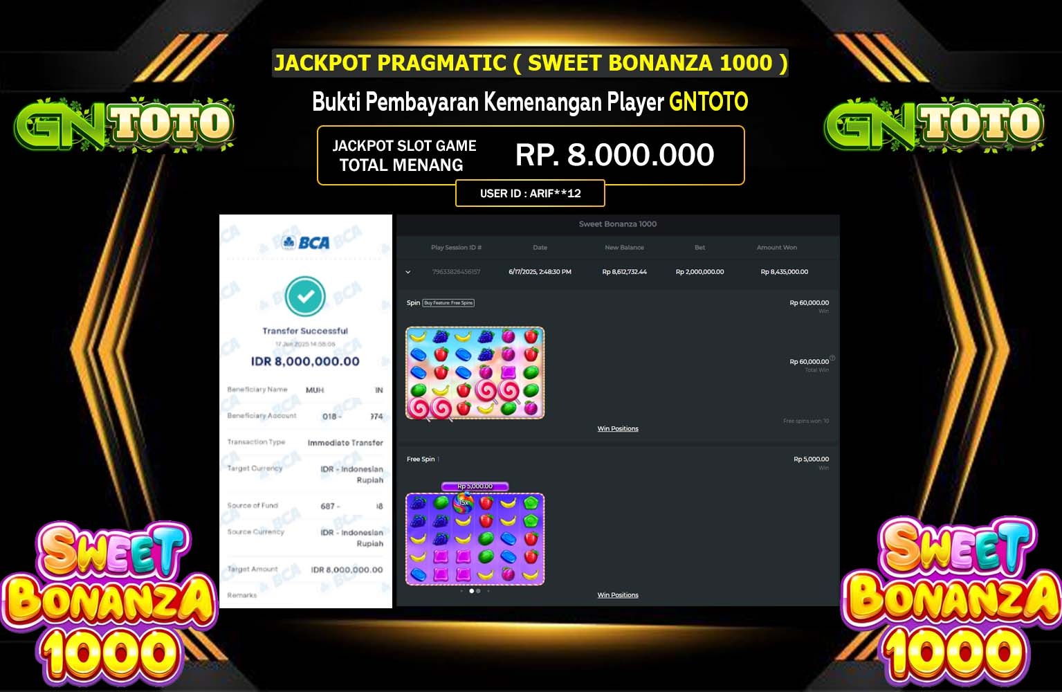 GNTOTO JACKPOT PRAGMATIC SWEET BONANZA 1000 Rp.8.000.000,- LUNAS