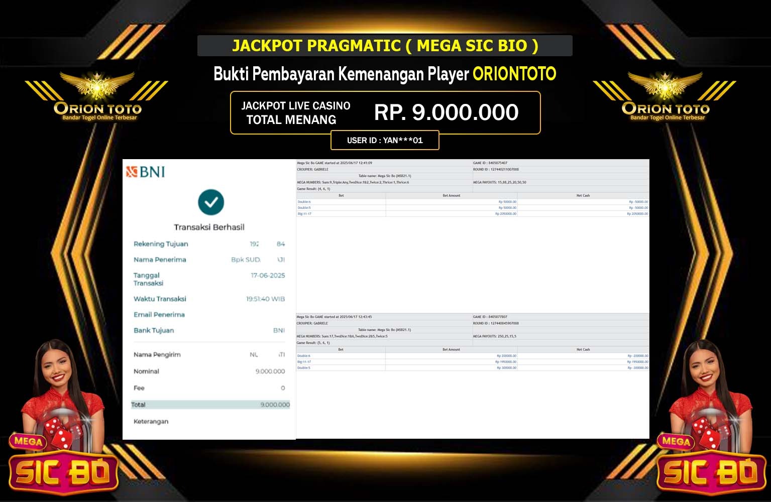 ORIONTOTO JACKPOT PRAGMATIC MEGA SIC BIO Rp.9.000.000,- LUNAS