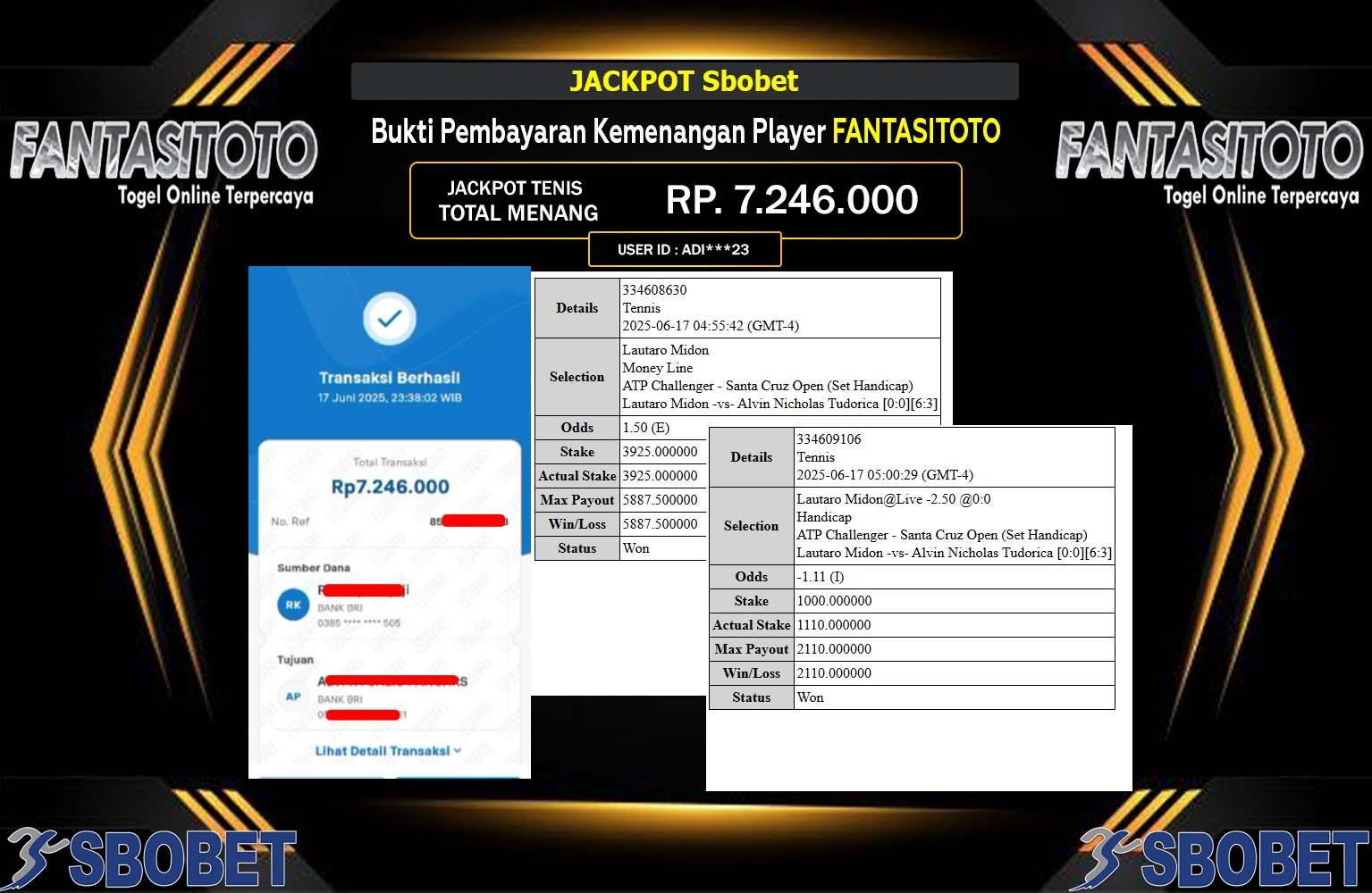 FANTASITOTO JACKPOT SPORTSBOOK SBOBET Rp.7.246.000,- LUNAS