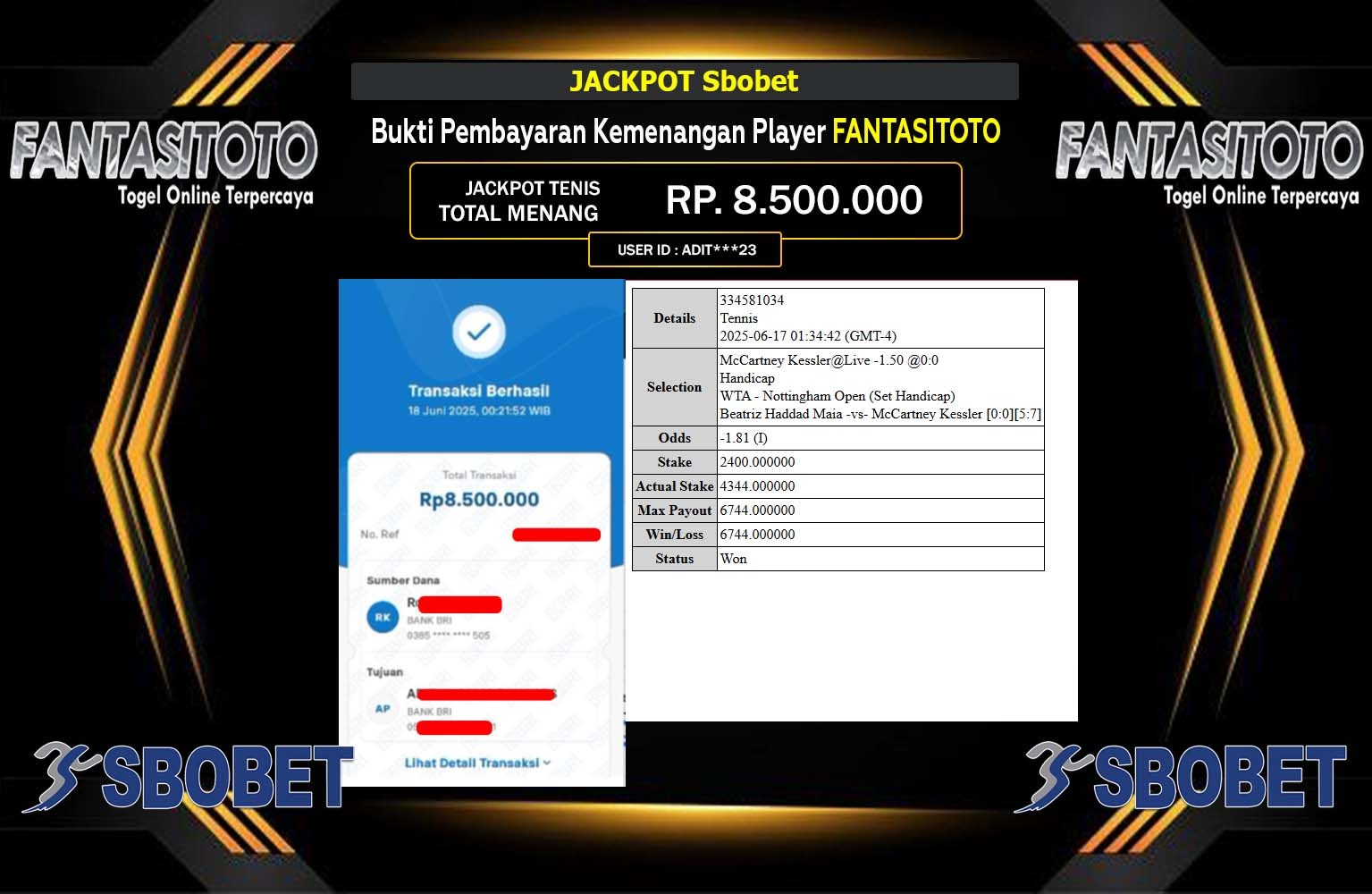 FANTASITOTO JACKPOT SPORTSBOOK SBOBET Rp.8.500.000,- LUNAS
