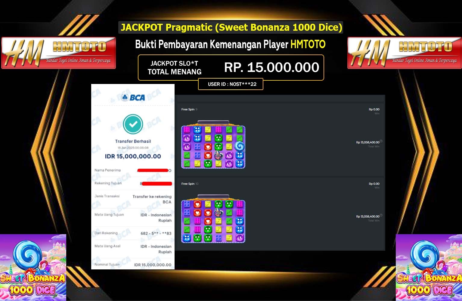 HMTOTO JACKPOT Pragmatic (Sweet Bonanza 1000 Dice) Rp.15.000.000,- LUNAS