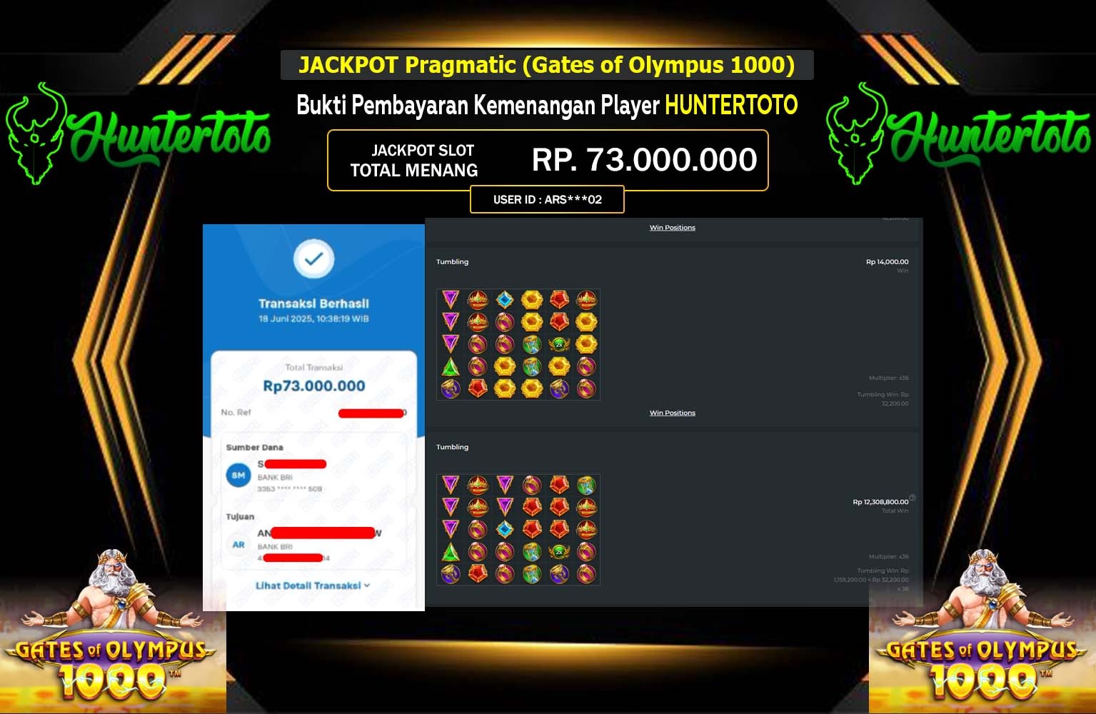 HUNTERTOTO JACKPOT Gates Of  Olympus 1000  Rp.73.000.000,- LUNAS