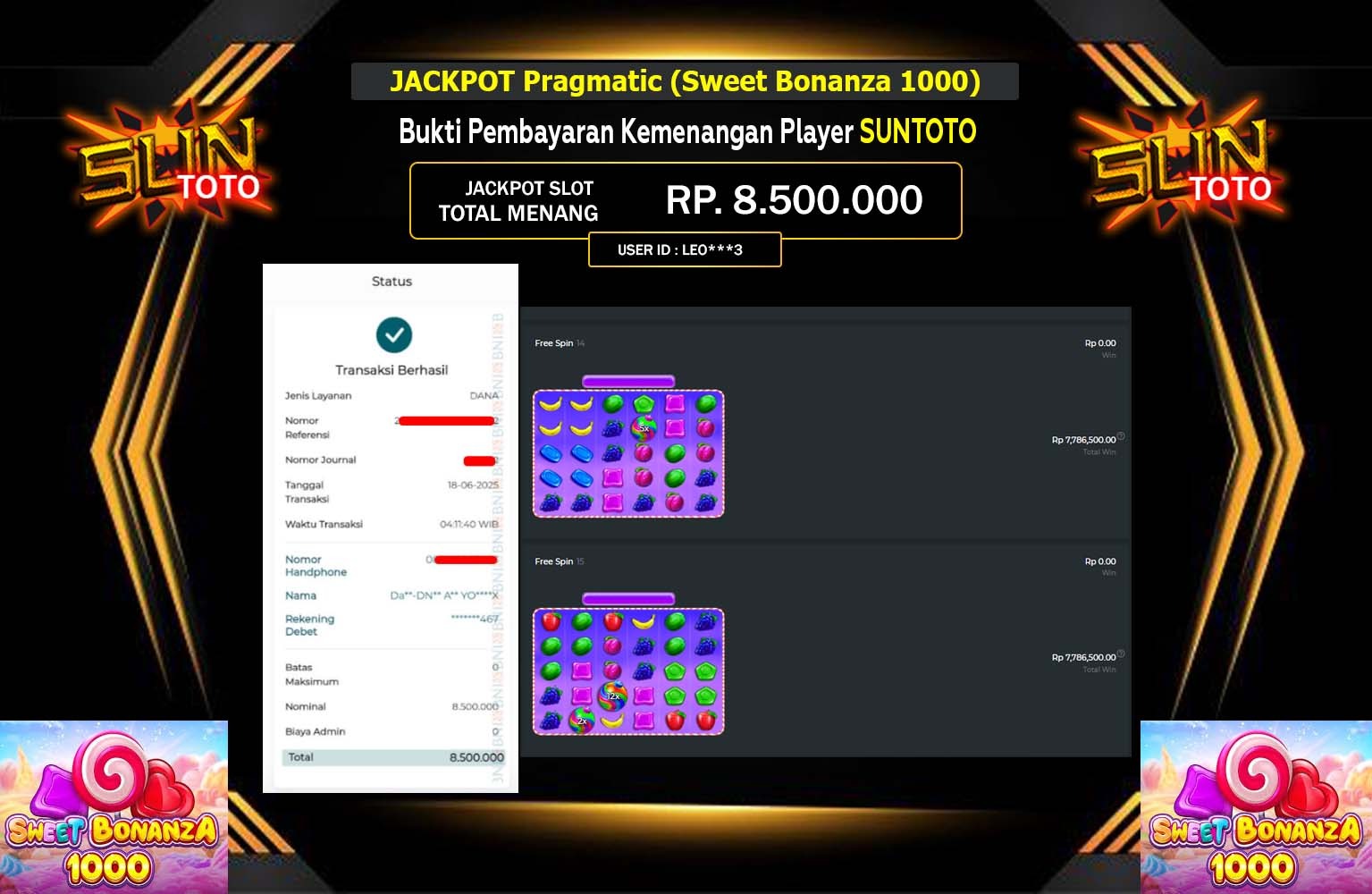 SUNTOTO JACKPOT Pragmatic (Sweet Bonanza 1000) Rp 8.500.000,- LUNAS