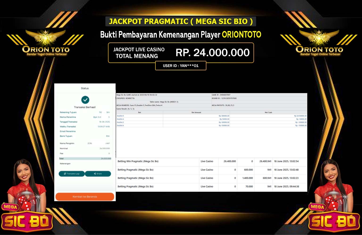 ORIONTOTO JACKPOT PRAGMATIC MEGA SIC BIO Rp.24.000.000,- LUNAS