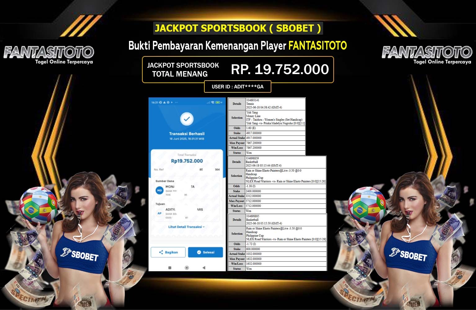 FANTASITOTO JACKPOT SPORTSBOOK SBOBET Rp.19.752.000,- LUNAS