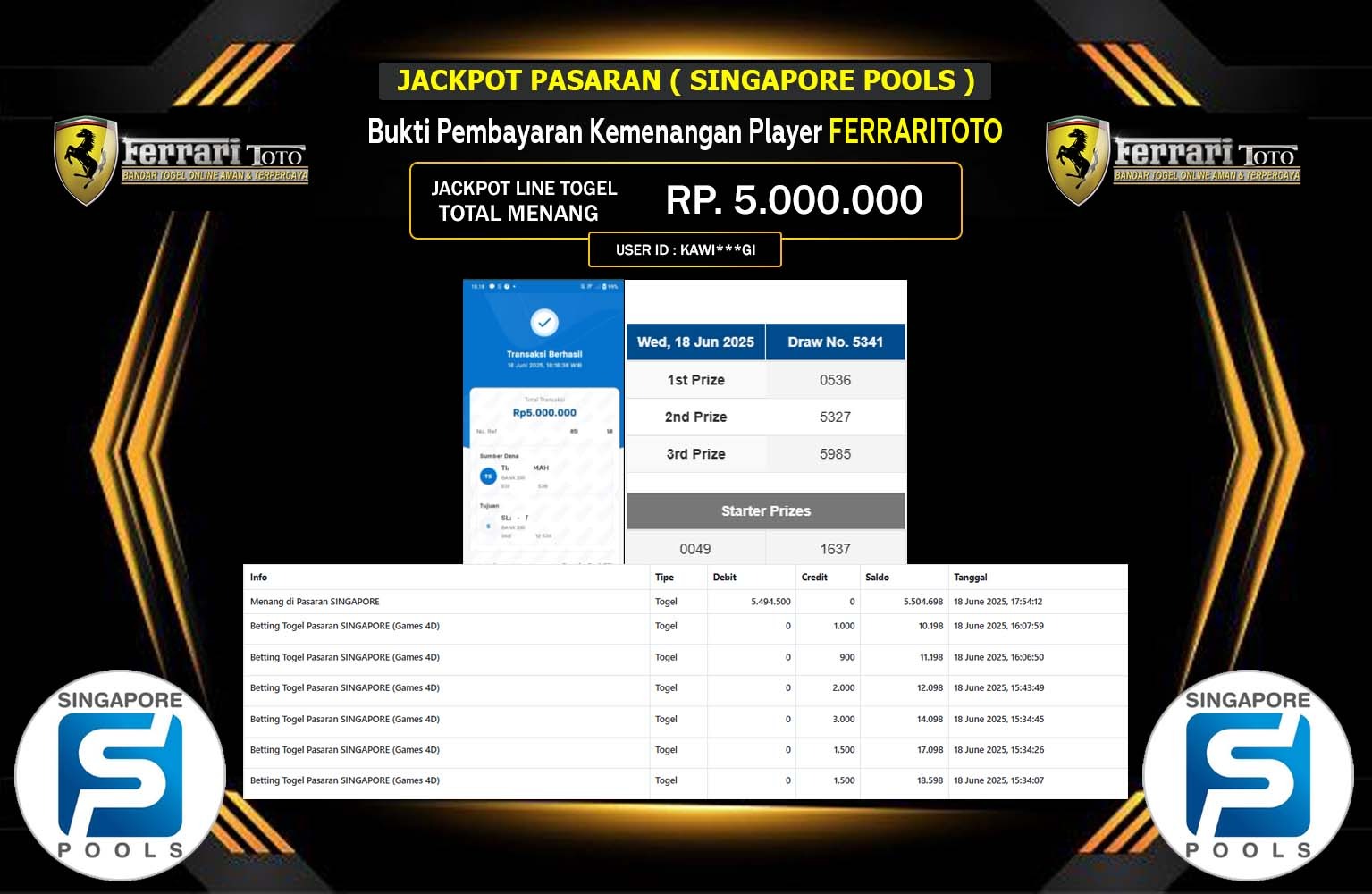 FERRARITOTO JACKPOT PASARAN SINGAPORE POOLS Rp.5.000.000,- LUNAS