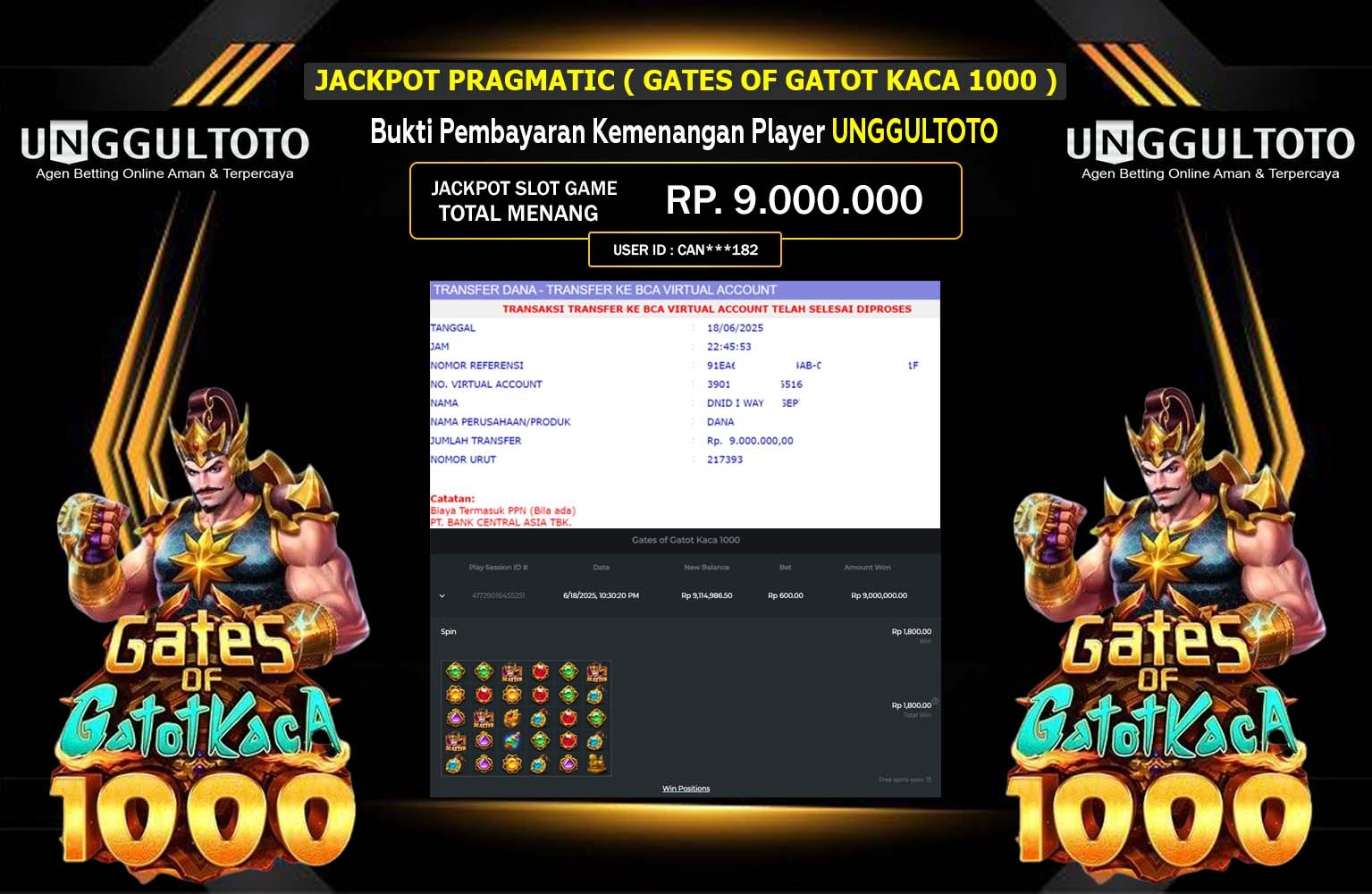 UNGGULTOTO JACKPOT GATES OF GATOT KACA 1000 Rp.9.000.000,- LUNAS