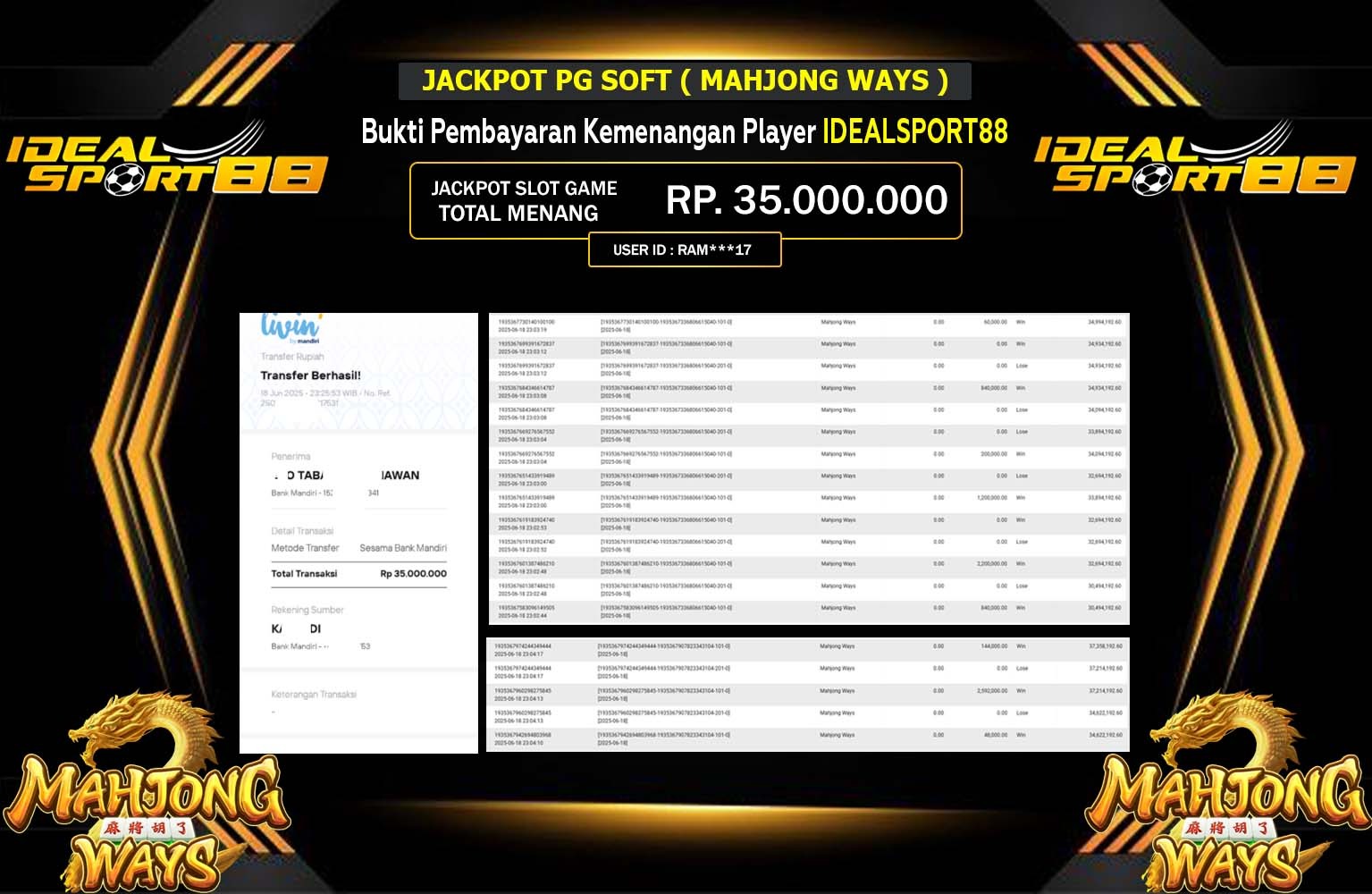 IDEALSPORT88 JACKPOT PG SOFT MAHJONG WAYS Rp.35.000.000,- LUNAS