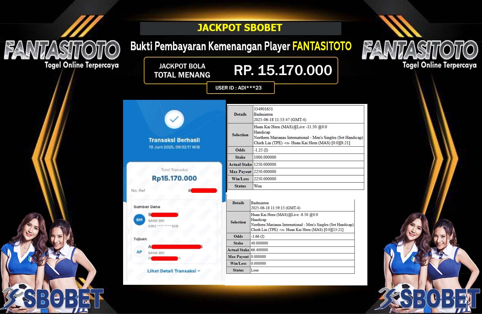 FANTASITOTO JACKPOT SPORTSBOOK SBOBET Rp.15.170.000,- LUNAS