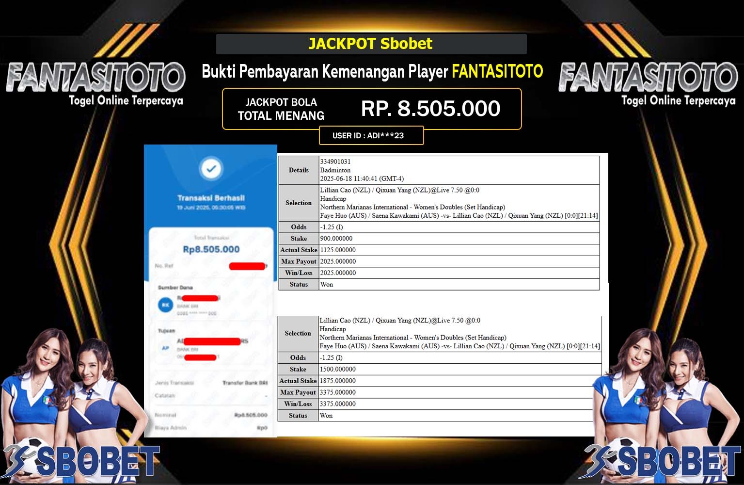 FANTASITOTO JACKPOT SPORTSBOOK SBOBET Rp.8.505.000,- LUNAS