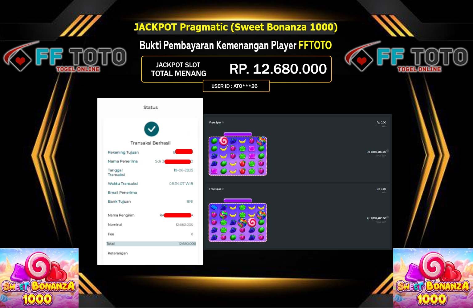 FFTOTO JACKPOT Pragmatic (Sweet Bonanza 1000) Rp.12.680.000,- LUNAS