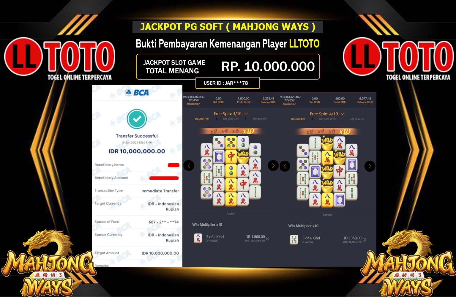 LLTOTO JACKPOT Pg Soft (Mahjong Ways ) Rp.10.000.000,- LUNAS