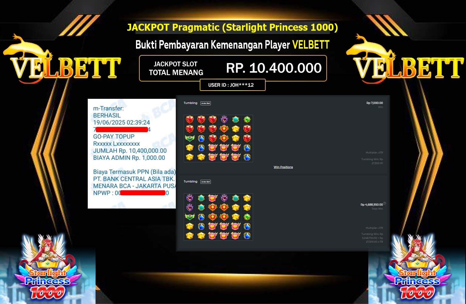 VELBETT JACKPOT Pragmatic (Starlight Princess 1000) Rp.10.400.000,- LUNAS