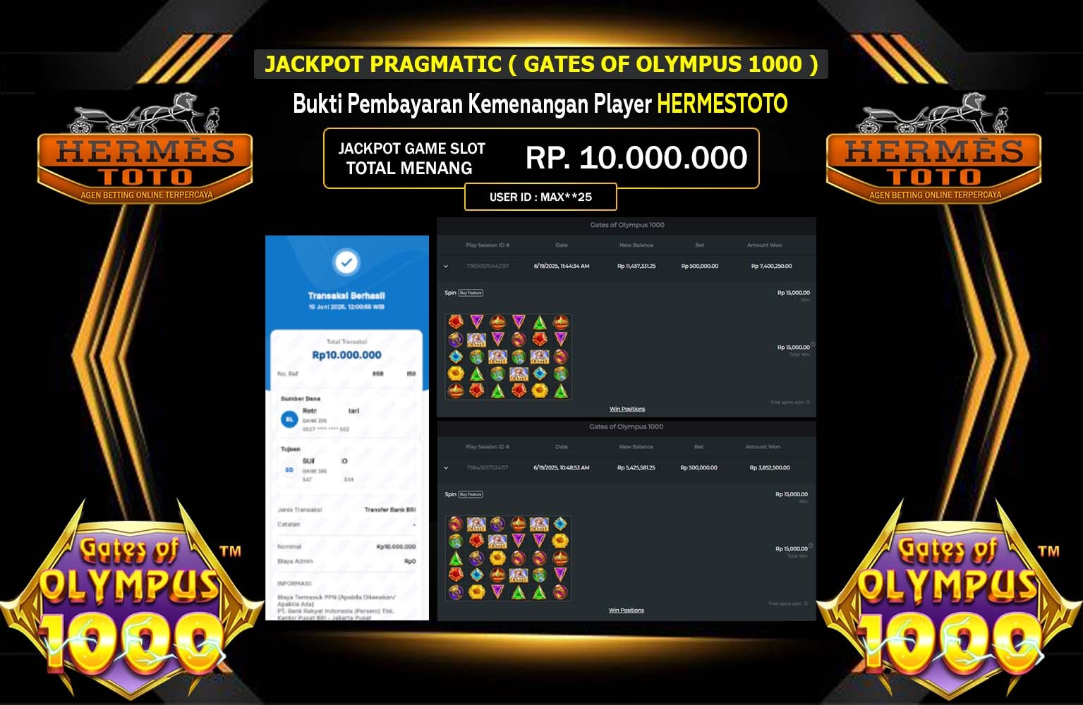 HERMESTOTO JACKPOT GATES OF OLYMPUS 1000 Rp.10.000.000,- LUNAS