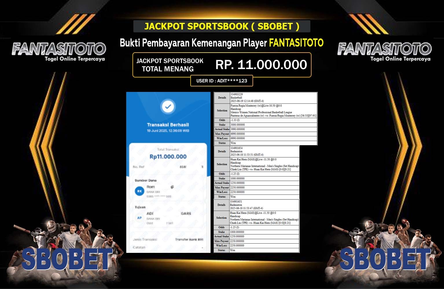 FANTASITOTO JACKPOT SPORTSBOOK SBOBET Rp.11.000.000,- LUNAS
