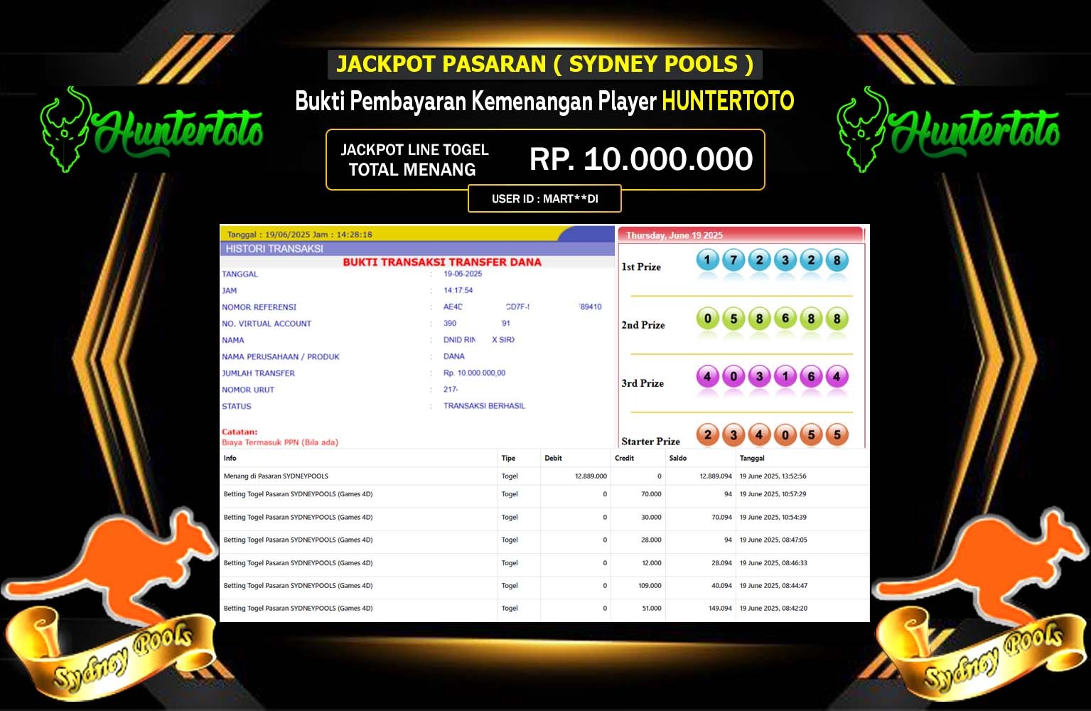 HUNTERTOTO JACKPOT PASARAN SYDNEY POOLS Rp.10.000.000,- LUNAS