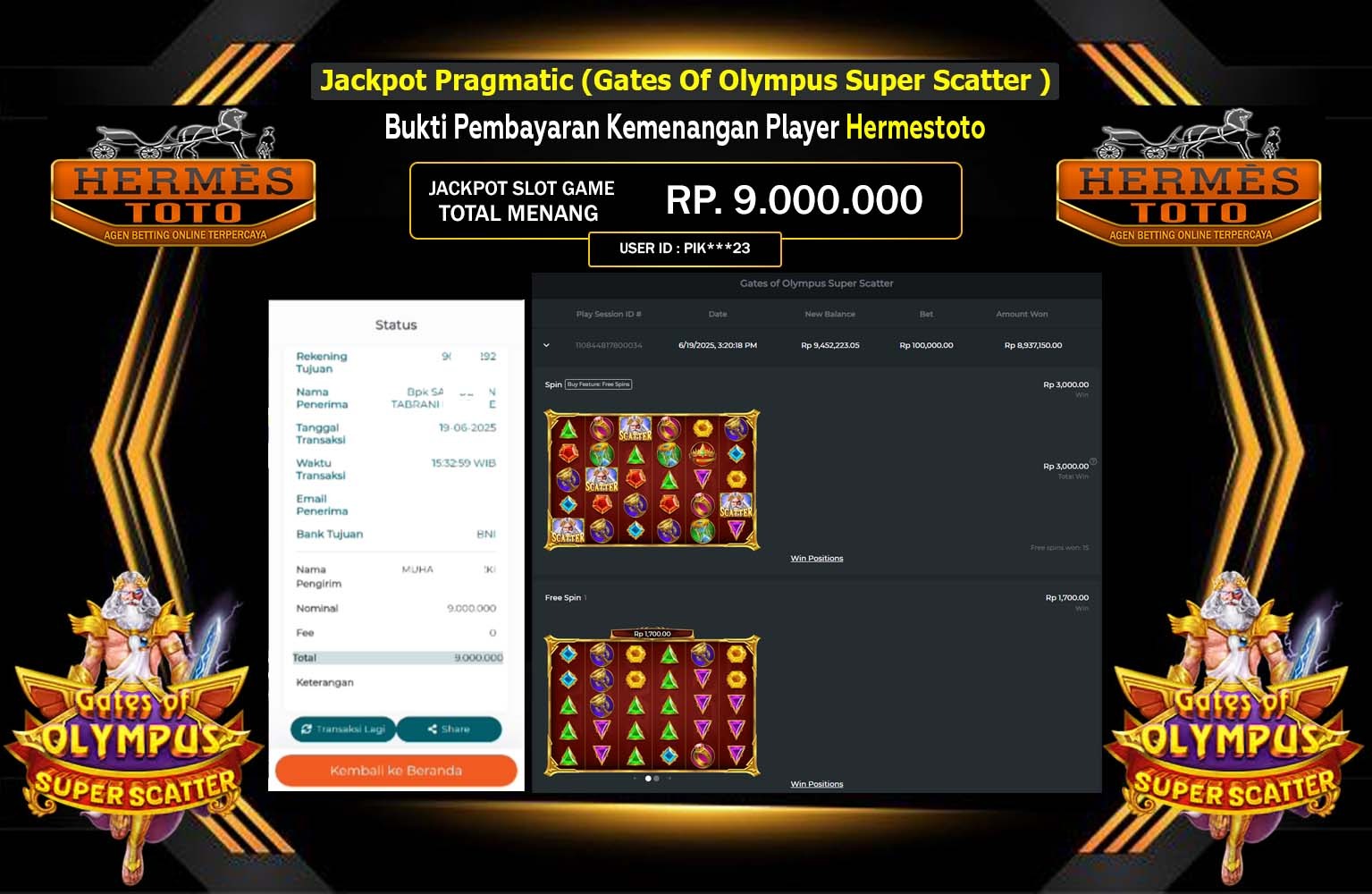 HERMESTOTO JACKPOT Gates of Olympus Super Scatter Rp.9.000.000,- LUNAS