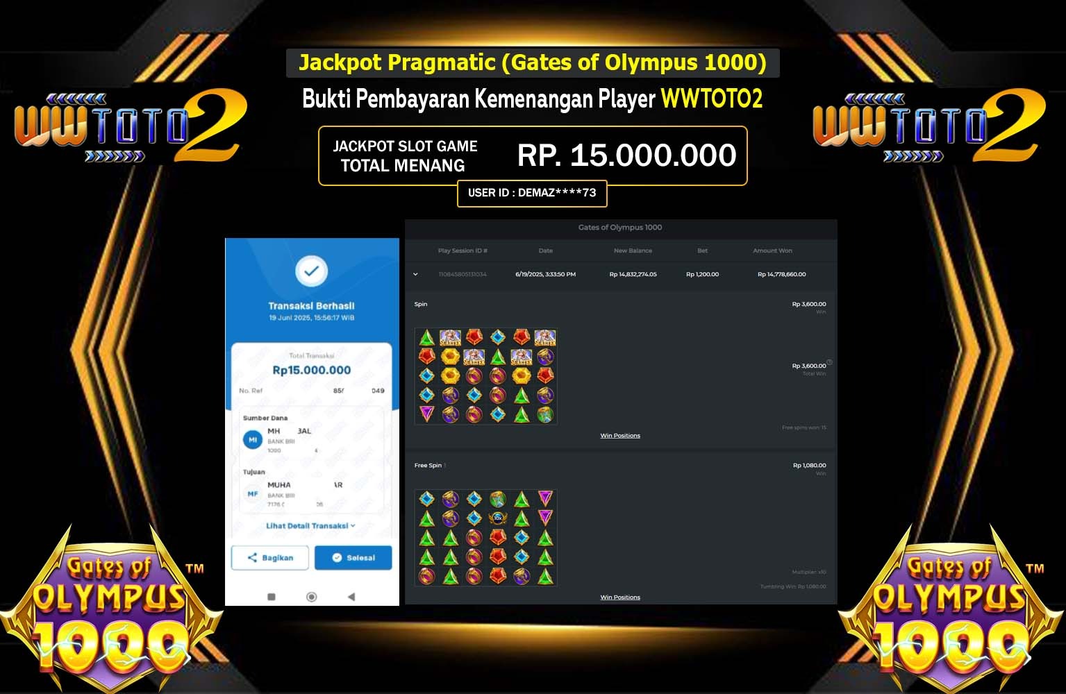 WWTOTO2 JACKPOT Gates of Olympus 1000 Rp.15.000.000,- LUNAS
