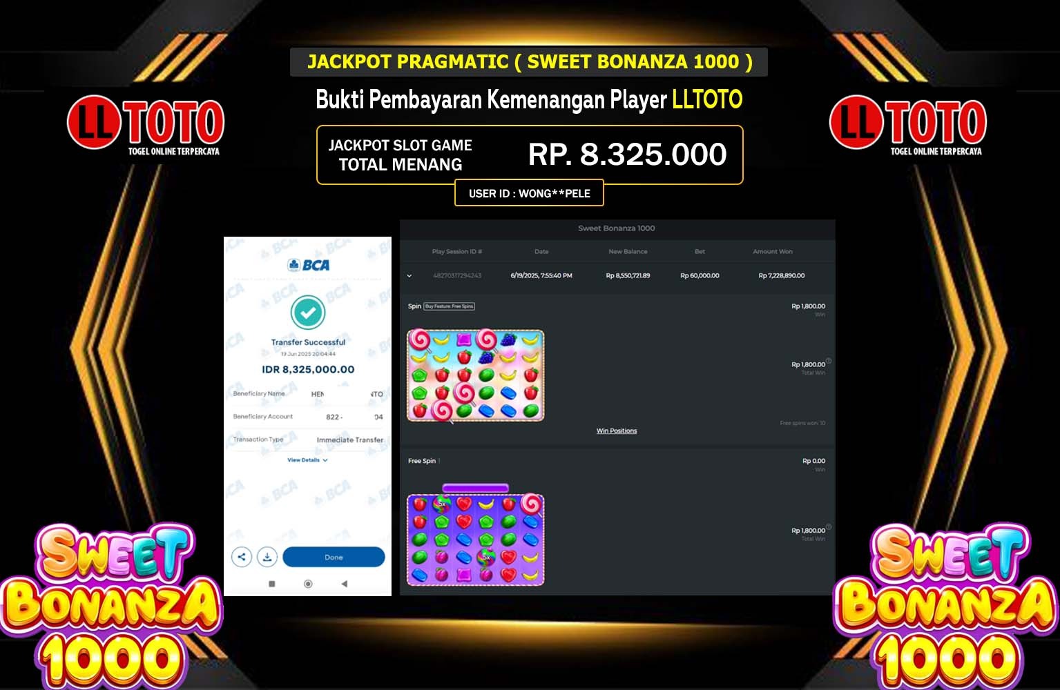 LLTOTO JACKPOT PRAGMATIC SWEET BONANZA 1000 Rp.8.325.000,- LUNAS