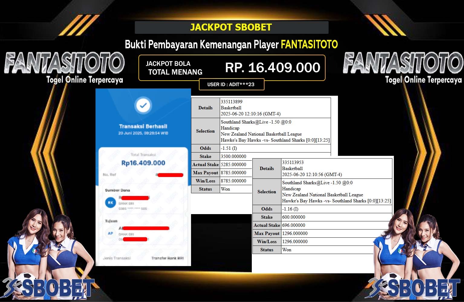 FANTASITOTO JACKPOT SPORTSBOOK SBOBET Rp.16.409.000,- LUNAS