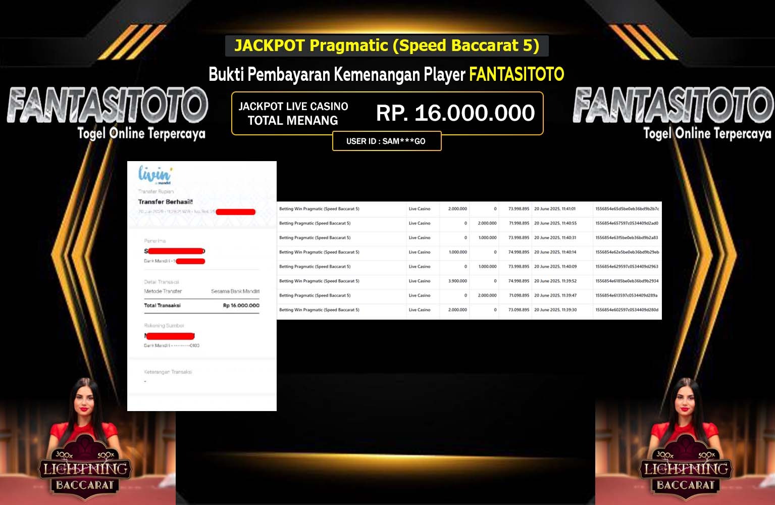 FANTASITOTO JACKPOT Pragmatic (Speed Baccarat 5) Rp.16.000.000,- LUNAS