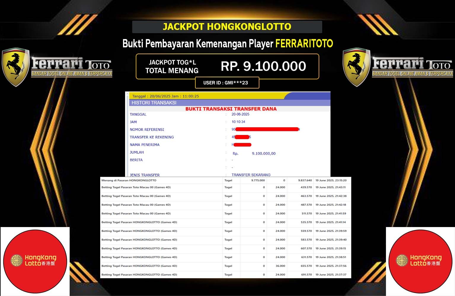 FERRARITOTO JACKPOT PASARAN HONGKONGLOTTO Rp.9.100.000,- LUNAS