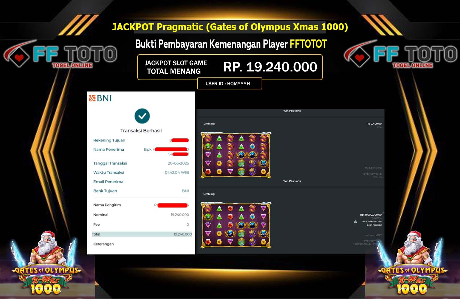 FFTOTO JACKPOT Pragmatic (Gates of Olympus Xmas 1000) Rp.19.240.000,- LUNAS