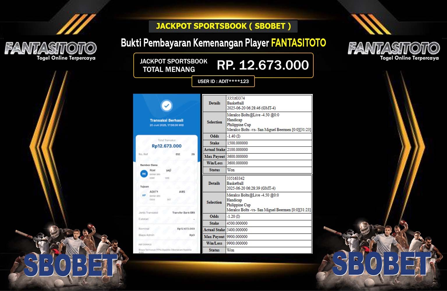 FANTASITOTO JACKPOT SPORTSBOOK SBOBET Rp.12.673.000,- LUNAS