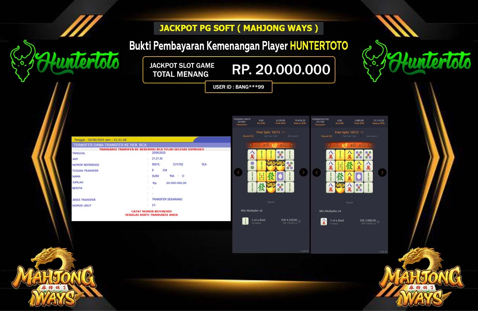 HUNTERTOTO JACKPOT PG SOFT MAHJONG WAYS Rp.20.000.000,- LUNAS