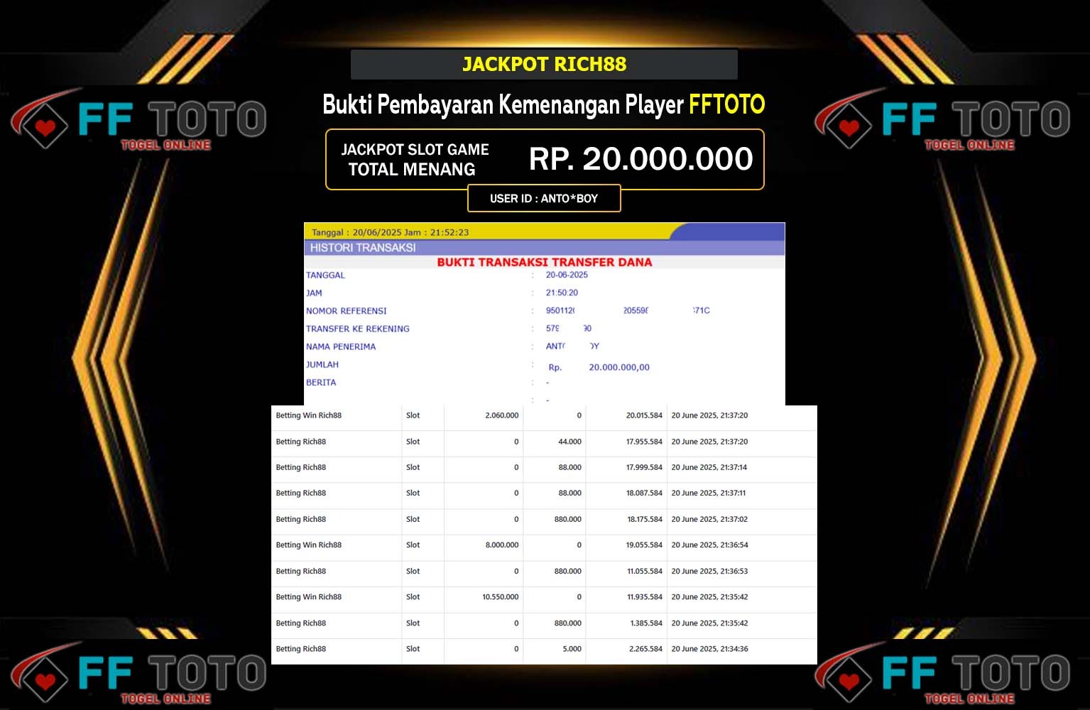 FFTOTO JACKPOT SLOT RICH88 Rp.20.000.000,- LUNAS