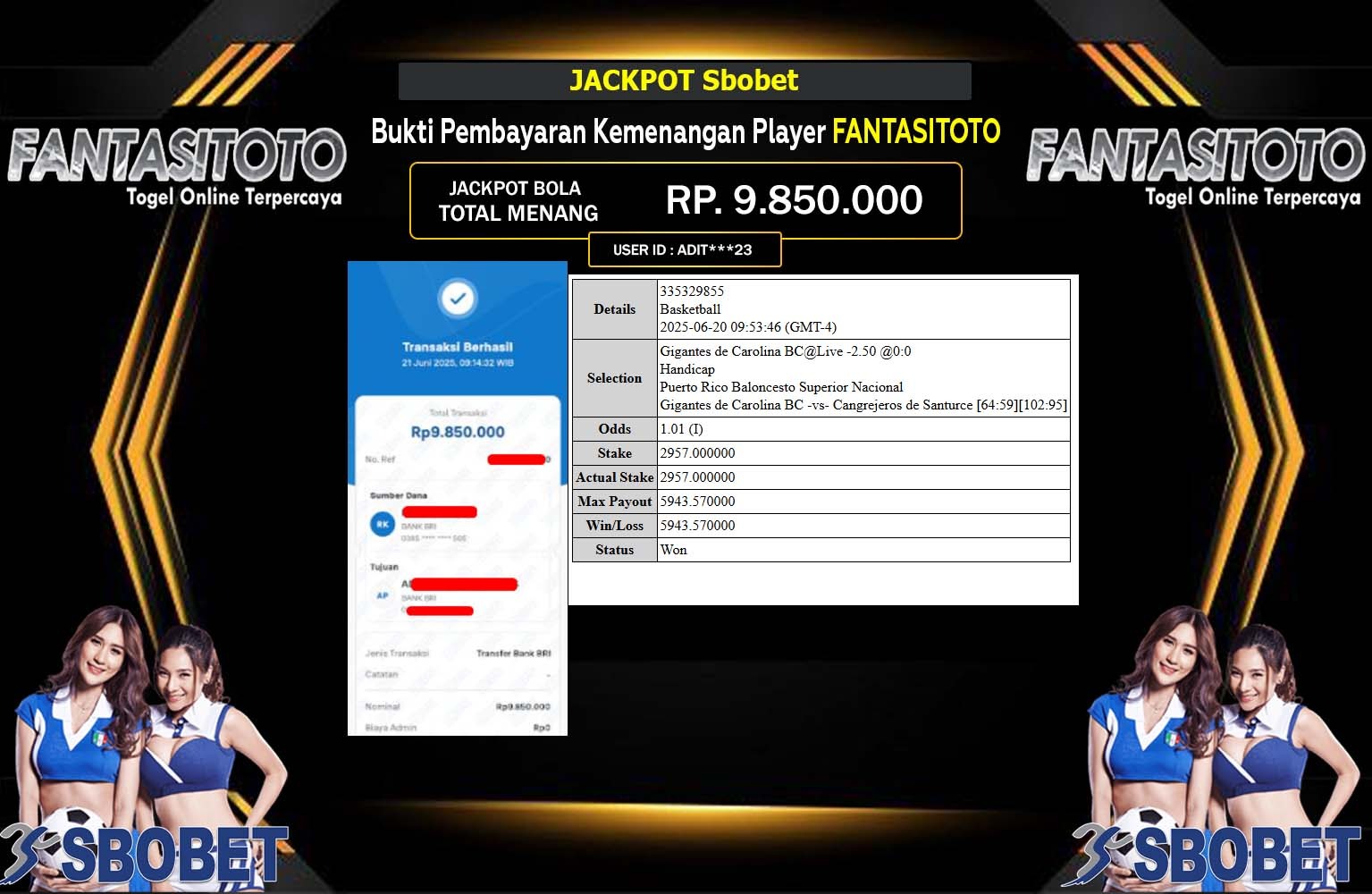 FANTASITOTO JACKPOT SPORTSBOOK SBOBET Rp.9.850.000,- LUNAS