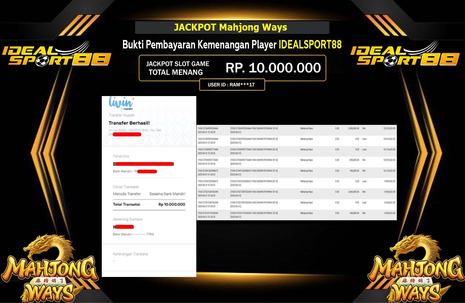 IDEALSPORT88 JACKPOT PG SOFT MAHJONG WAYS  Rp.10.000.000,- LUNAS