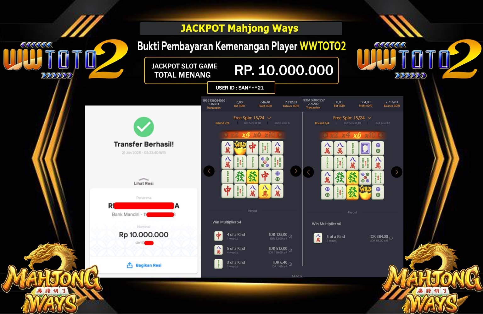 WWTOTO2 JACKPOT PG SOFT MAHJONG WAYS  Rp.10.000.000,- LUNAS