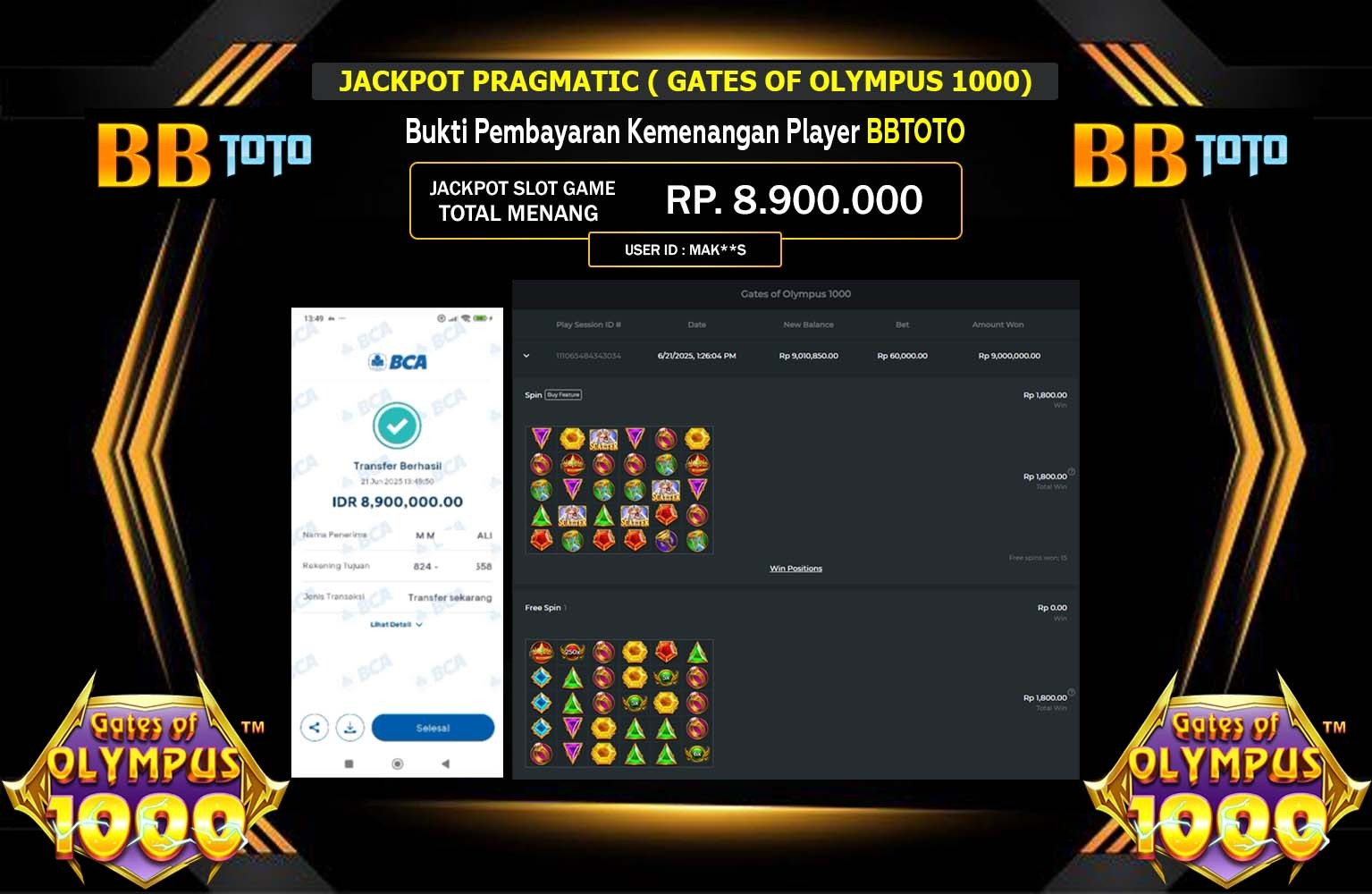 BBTOTO JACKPOT PRAGMATIC GATES OF OLYMPUS 1000 Rp.8.900.000,- LUNAS