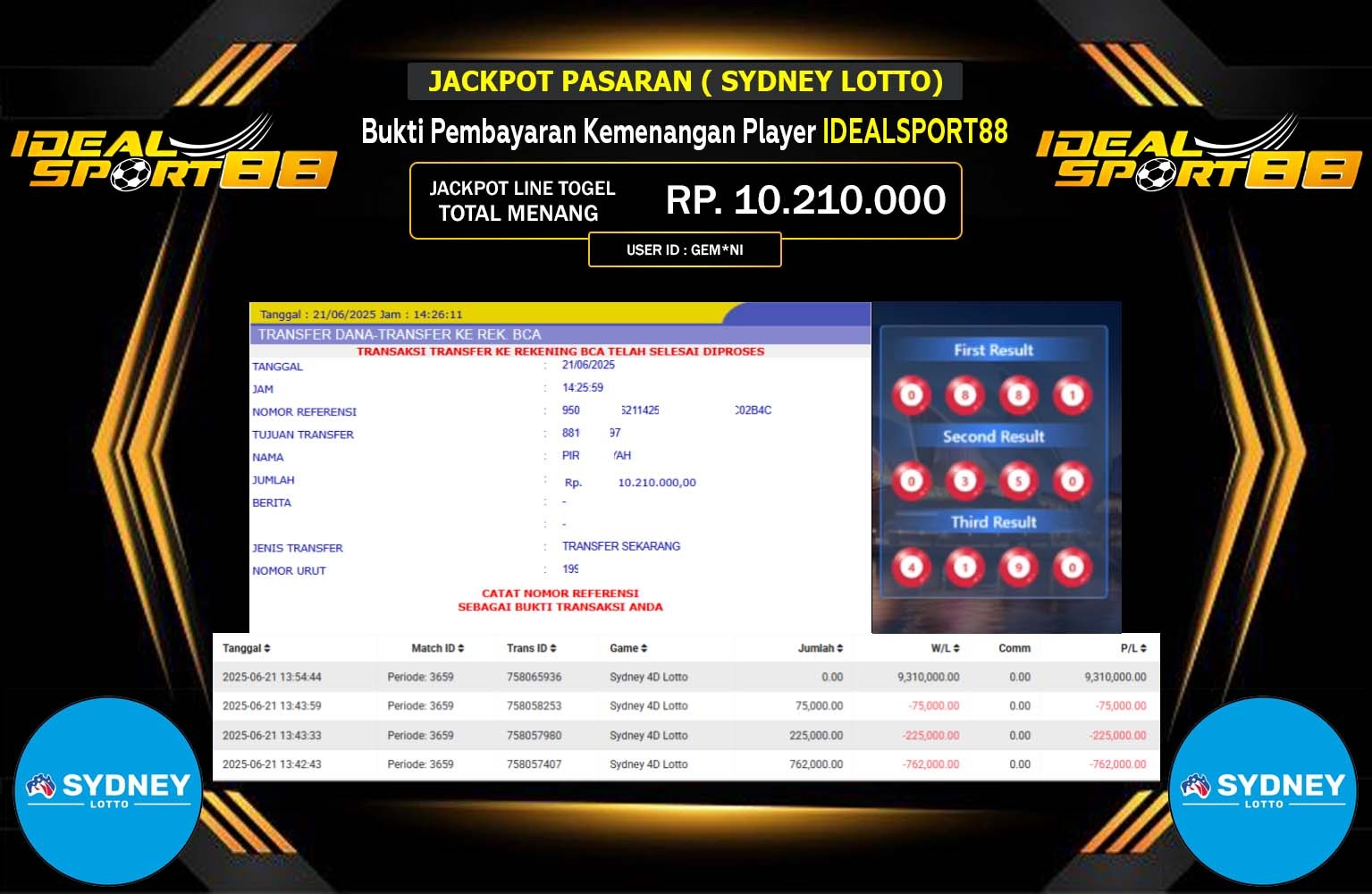 IDEALSPORT88 JACKPOT PASARAN SYDNEY LOTTO Rp.10.210.000,- LUNAS