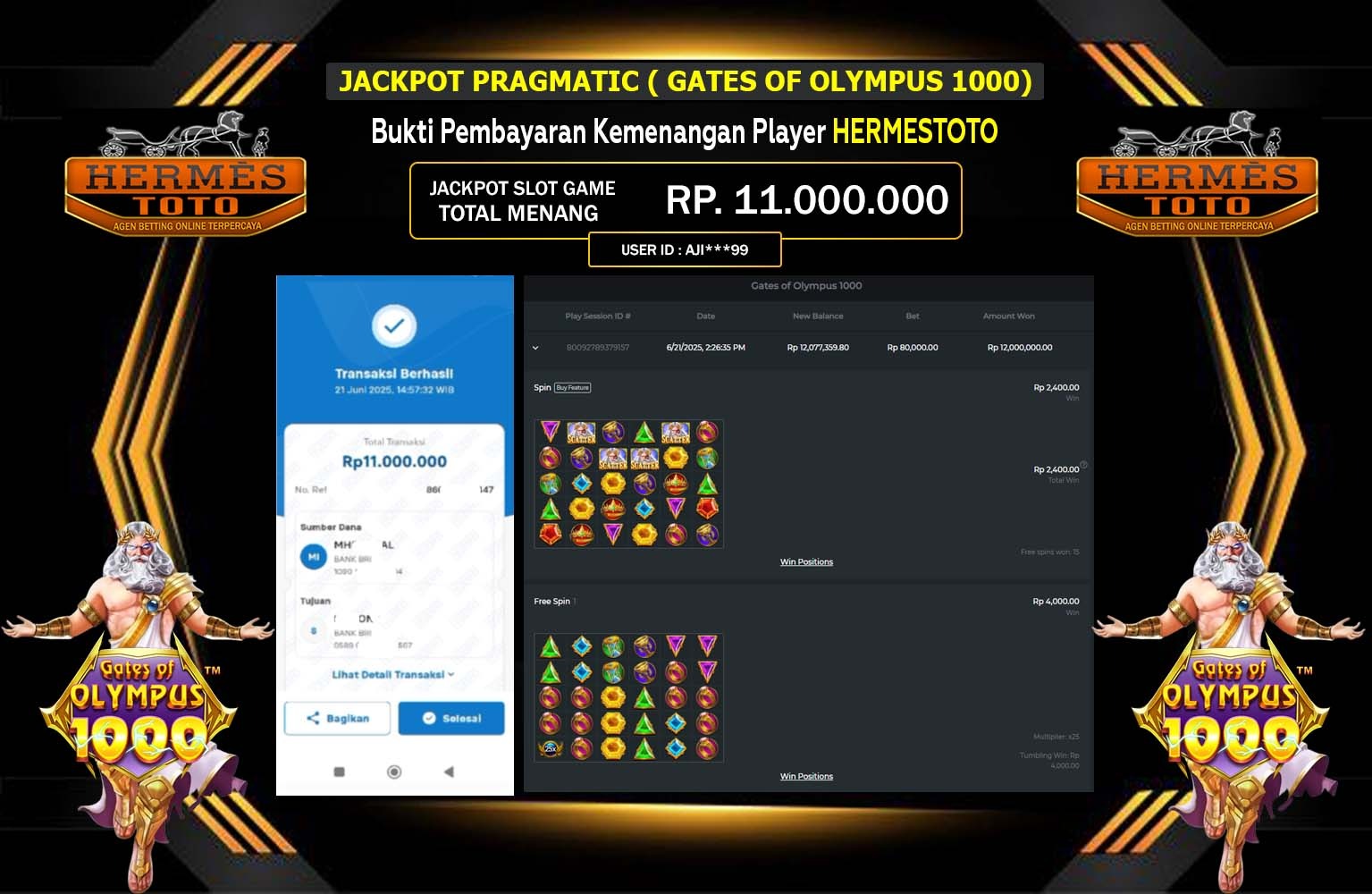 HERMESTOTO JACKPOT GATES OF OLYMPUS 1000 Rp.11.000.000,- LUNAS